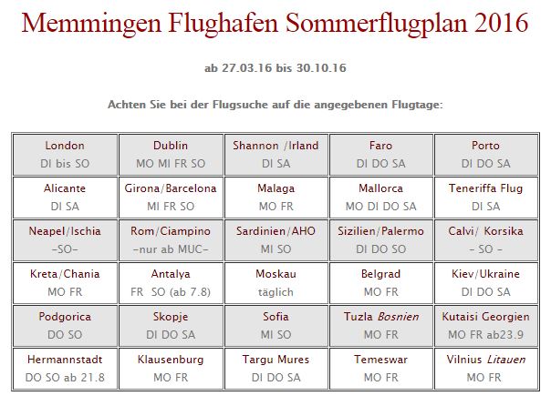 Sommerflugplan 2016 am Memminger Flughafen
